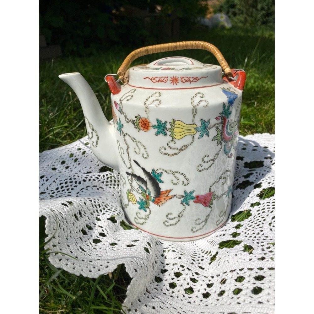 Vintage Famille Rose Porcelain Teapot Butterfly Floral Chinoiserie Wicker Handle